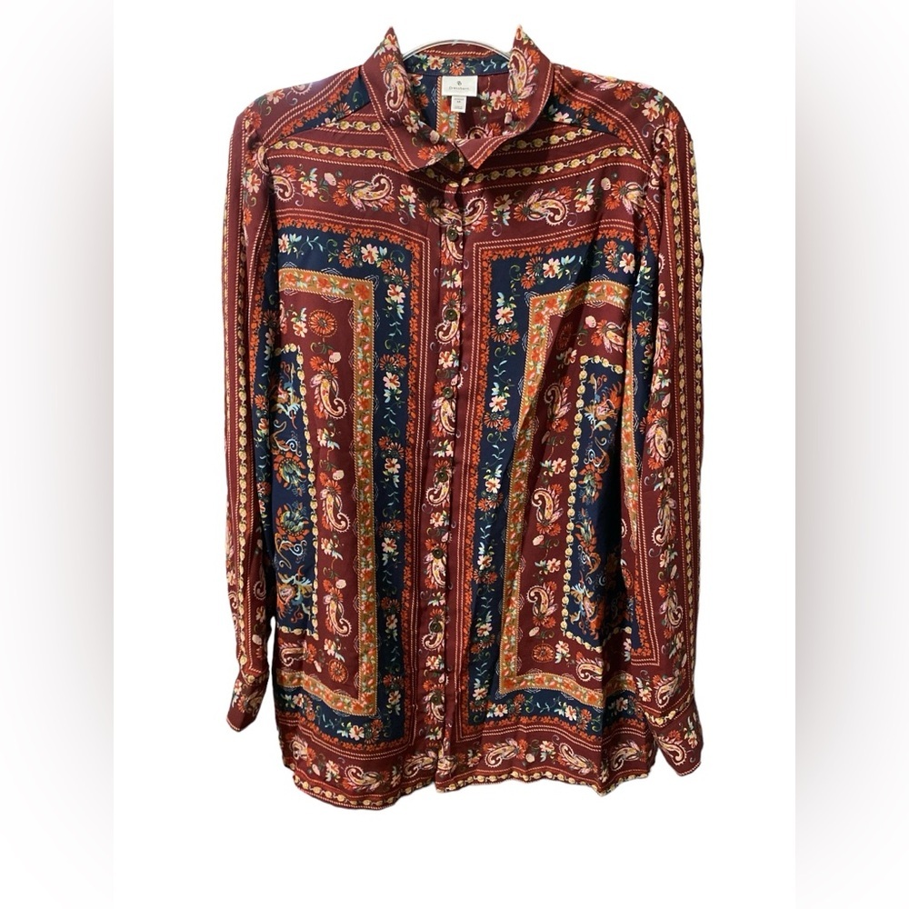 Dressbarn Paisley, floral button shirt, long sleeve 100% poly navy burgu…